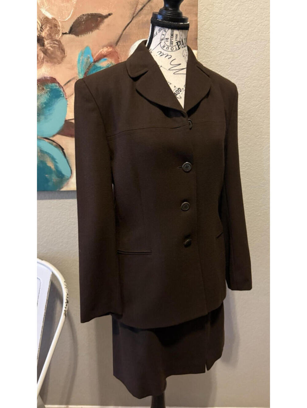 Vintage Jones New York Wool Skirt Suit Set Brown Lined Jacket & Skirt Size 8